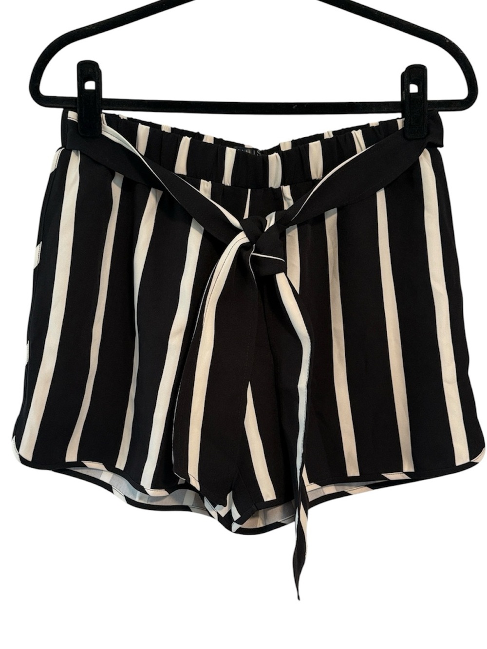 Venus Black and White Striped Belted Shorts